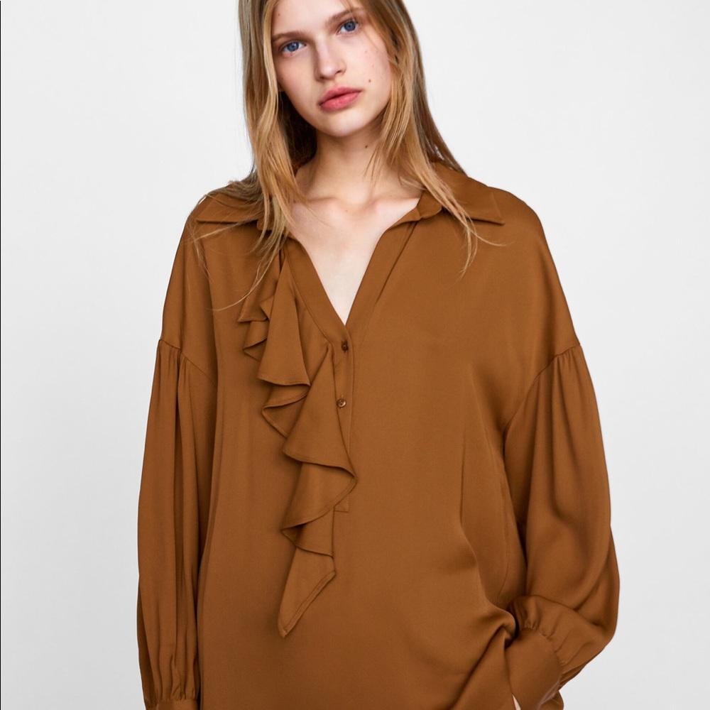 ZARA Long Ruffled Tunic - Silky Rust Orange Blouse